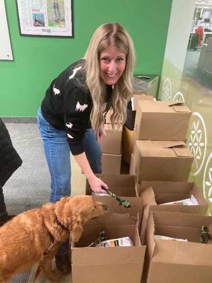 a woman packs moving boxes while a brown dog looks on