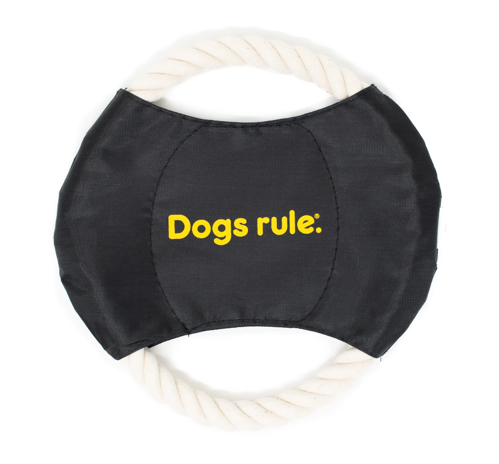 a rope disc that reads "dogs rule."